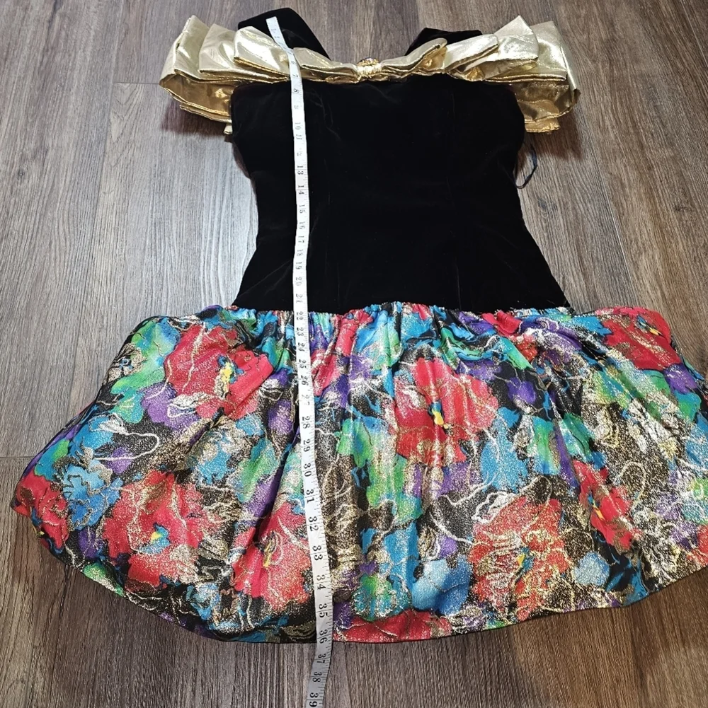 Vintage Morton Myles Saks Velvet Gold Bow Metallic Floral Cocktail Dress Sz S - Picture 14 of 15
